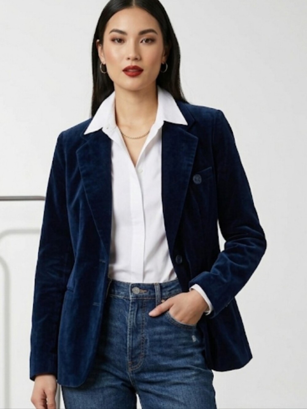 VTG 70s Navy Blue Cotton Velvet Blazer Jacket Japan Size 11 Pleated Back